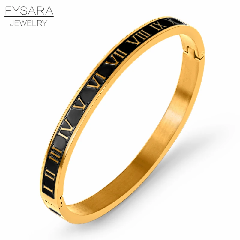 FYSARA Vintage Roman Letter Bangles & Bracelets For Women Black Gold Numeral Color Charm Cuff Bangles Stainless Steel Jewelry bangle bracelet