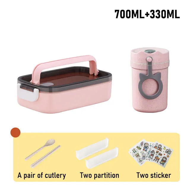 Lunch Box Thermal Food Container Bento Box Microwave Safe Lunchbox School Child Food Storage Kid's Lunch Box With Compartments p 700ml with bottle