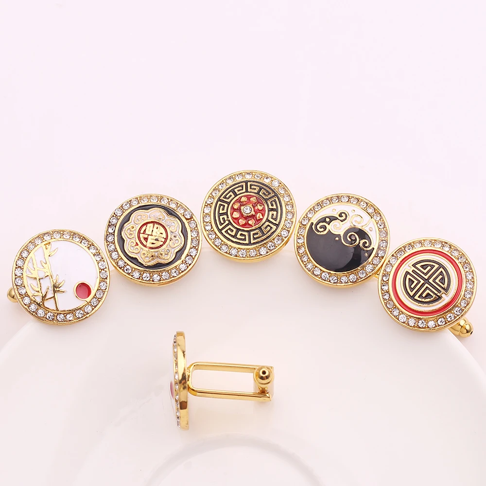 Classic Gold-Color Plated Rhinestone Copper Black Painting Men's Cufflink Wedding Suit Shirt Buttons Cufflinks