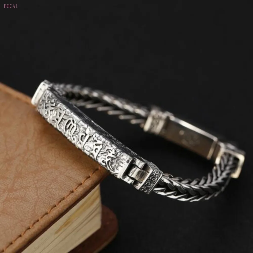 S925 стерлингового серебра личность шесть символов мантра благоприятный облака браслет человек Ретро тайский серебряный Ручной Тканый Твист браслет