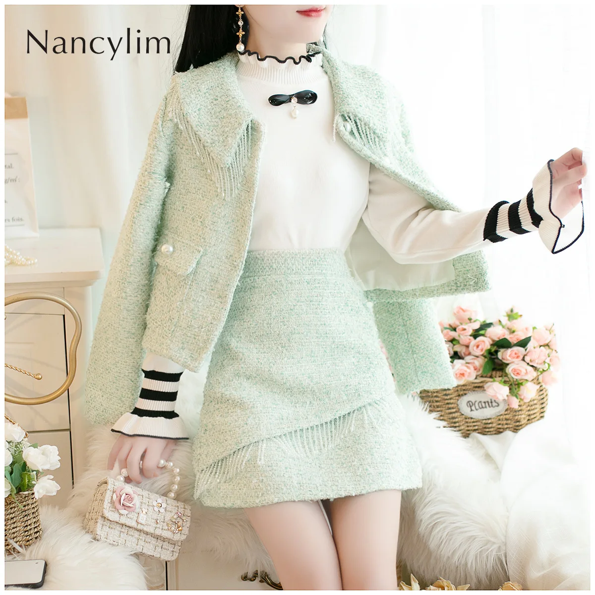 

New Autumn Fragrant Style Tweed Beads Long-sleeved Coat High Waist A Line Body Skirt Two Pieces Sets 2 Piece Set Women