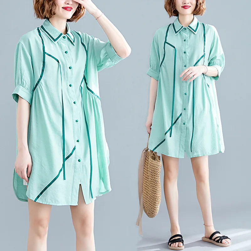 

2019 Summer Wear New Style Korean-style Literature And Art Printed Short Sleeve Shirt Dress Fat Mm Slimming Comfortable Fold-dow