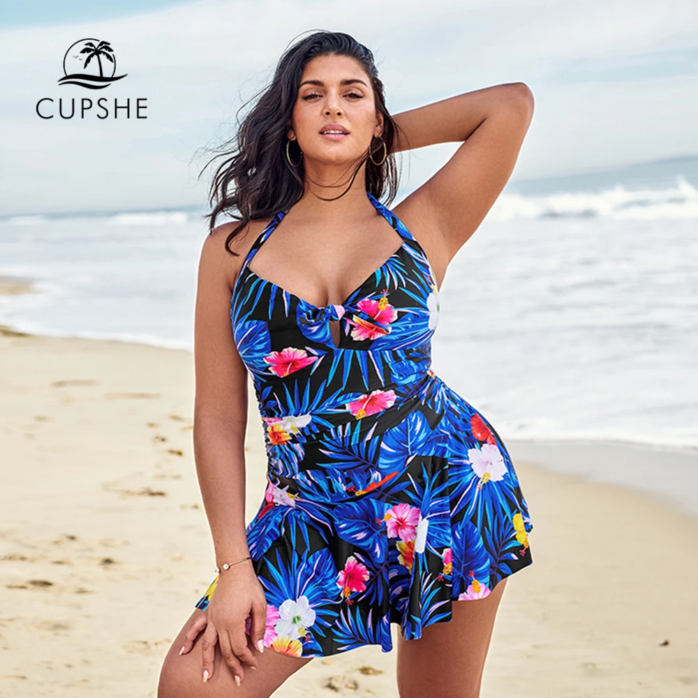 

CUPSHE Plus Size Blue Floral Knotted Halter One Piece Dress Swimsuit Large Sexy Women Monokini Bathing Suits 2020 Beach Swimwear