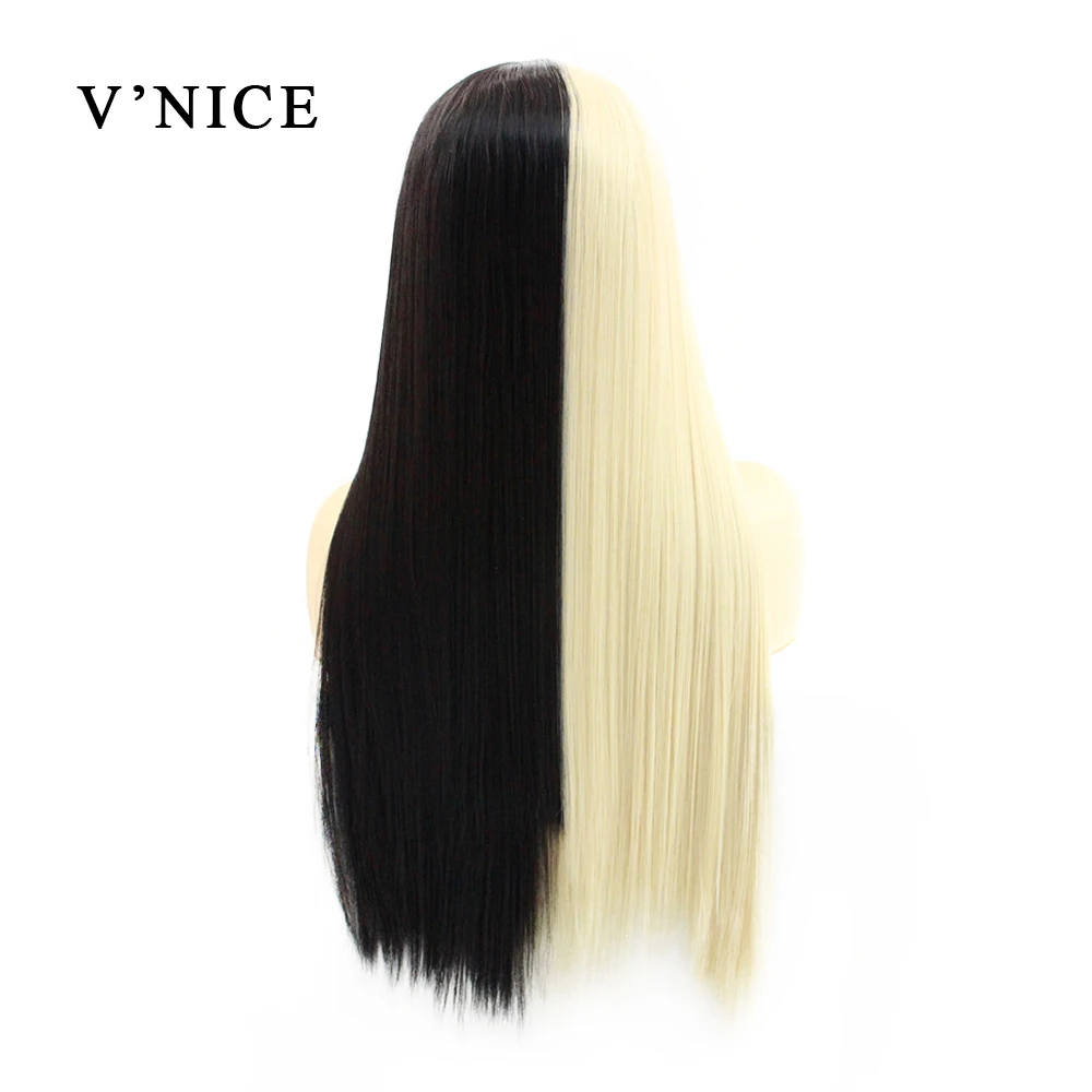 V'NICE половина черный половина белый цвет ручной завязанный кружевной передний прямой парик высокая температура Синтетический кружевной передний парик для женщин Косплей - Цвет: Black Blonde