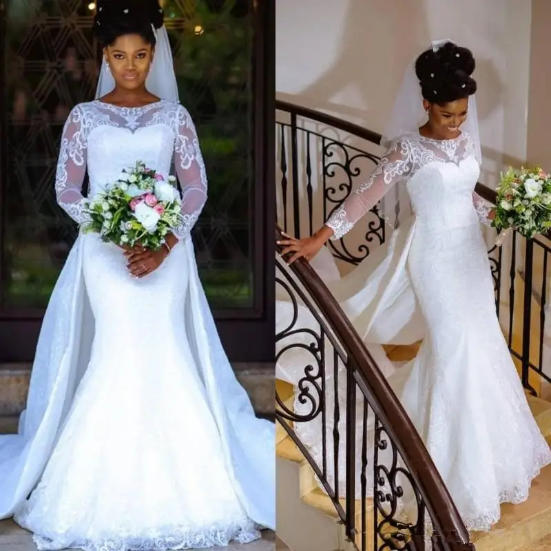 

Country Mermaid Wedding Dresses Detachable Train Jewel Neck White African Nigerian Lace Custom Made Bridal Gown