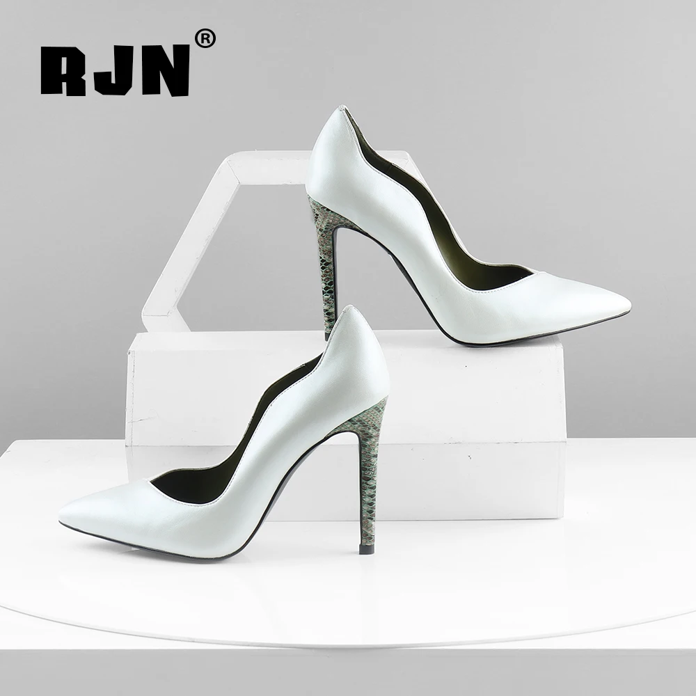 

RJN Thin Heel Pumps Sexy Pointed Toe Modern Design Lotus Leaf Shallow Party Lady Genuine Leather Shoes Handmade New Pumps RC597