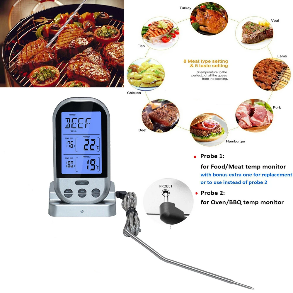 

Wireless Waterproof BBQ Thermometer Digital Cooking Meat Food Oven Grilling Thermometer With Timer Function
