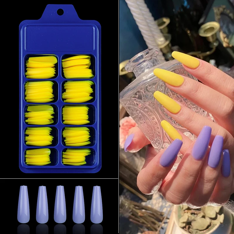 Lamemoria 100Pcs Long Ballerina Nails Clear Coffin Fake Tips ABS Full Cover Pointed Fasle Manicure Charms | Красота и здоровье