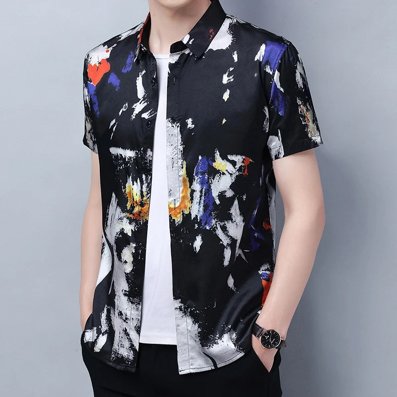 Men's Silk Streetwear Summer Patchwork Colors Shirt Short Sleeve Silk Clothes Fashion Printing Smooth Soft Dress Shirt