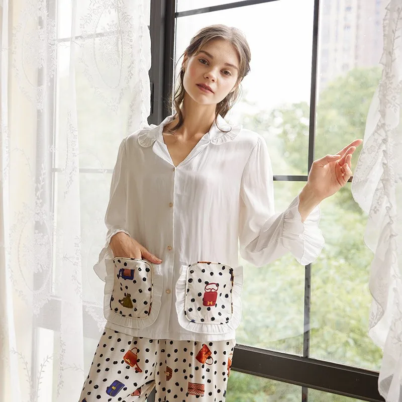 

Women Autumn New Silk Satin Pajama Set Home Clothes Loose Casual Leisure Suit Flower Print Sleepwear Lounge Soft Nightclothes