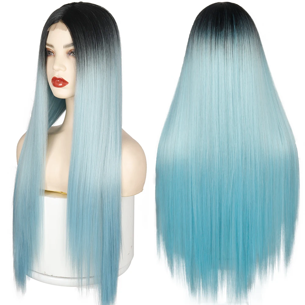

Black Ombre Blue Long Straight Hair Synthetic Wig For Women Hair Bundle With Closure Daily Party Heat Resistant Hair Wigs