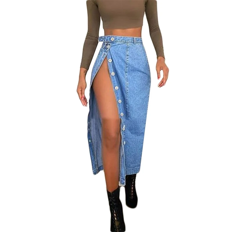 

Women High Waist Ripped Split Skirt 2020 New Sexy Button Irregular Denim Distressed Bodycon Long Skirt