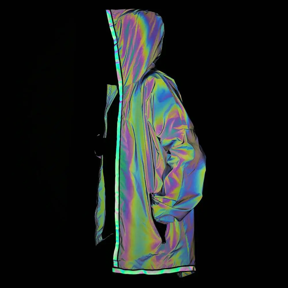 Finest  Men Rainbow Reflective Light Long Jacket Streetwear Women Hooded Coat Full Zip Jogger Night Dazzlin