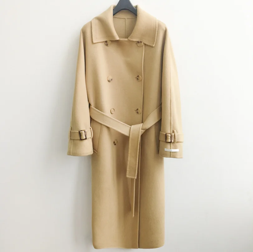 Beige Осень Зима Новое кашемировое пальто женское корейское двухстороннее сшитое вручную длинное шерстяное пальто Высококачественная ветровка Женское пальто - Цвет: Beige