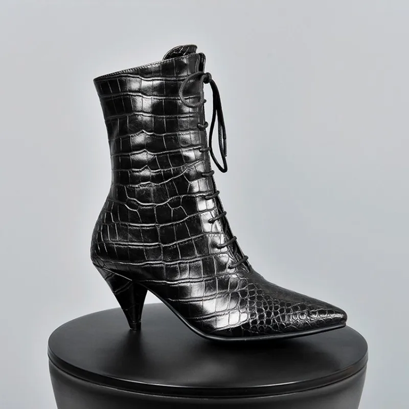 

US4-11 Womens Pointed Toe Fish-scale Pattern Ankle Boots Lace Up Spike High Heel Shoes Plus Size Fashion New Arrival 7Color A184