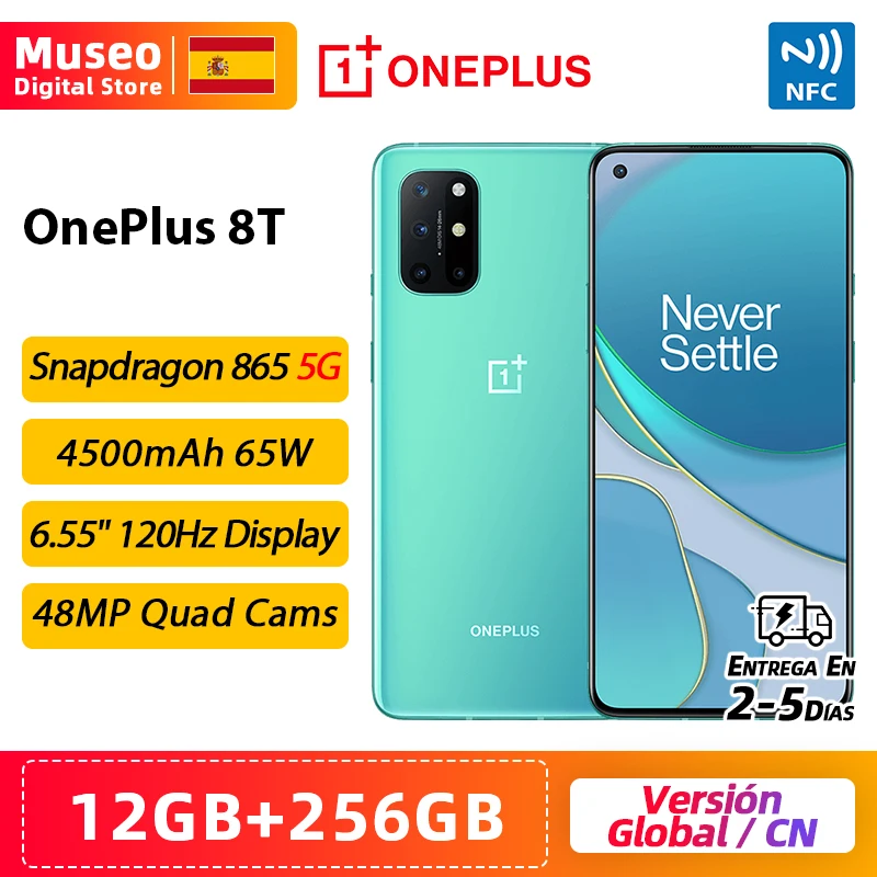 OnePlus 8T 8 T, Versión China y versión global, 12GB RAM 256GB ROM, Snapdragon 865 móvil, 6.55 120Hz Pantalla fluida, 48MP Cámaras cuádruples 65W Carga NFC