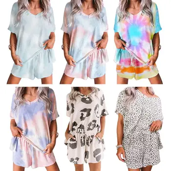 

2020 New Women Summer Pajamas Set Short Sleeve Tie-Dye Leopard Sleepwear Loose Loungewear