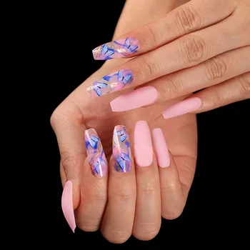 

24pcs/box Pink color Long Fake Nails coffin Full Cover Acrylic with Butterfly pattern design False Nails for Women and Girls
