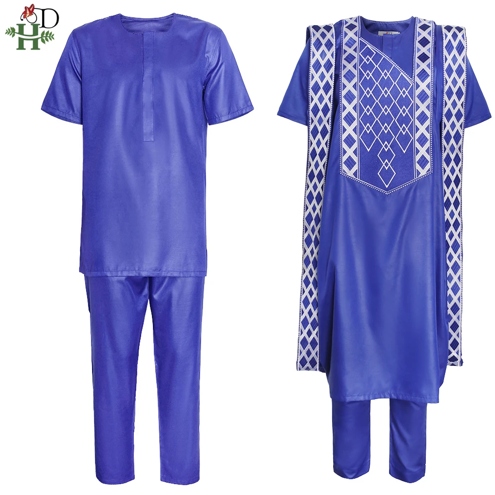 H D-ropa Africana Para Hombre, Traje De Agbada Azul, Cubierta, Camisa,  Pantalones, Conjunto De Piezas Sin Gorra, Bata Dashiki Bordada, Patrón |  