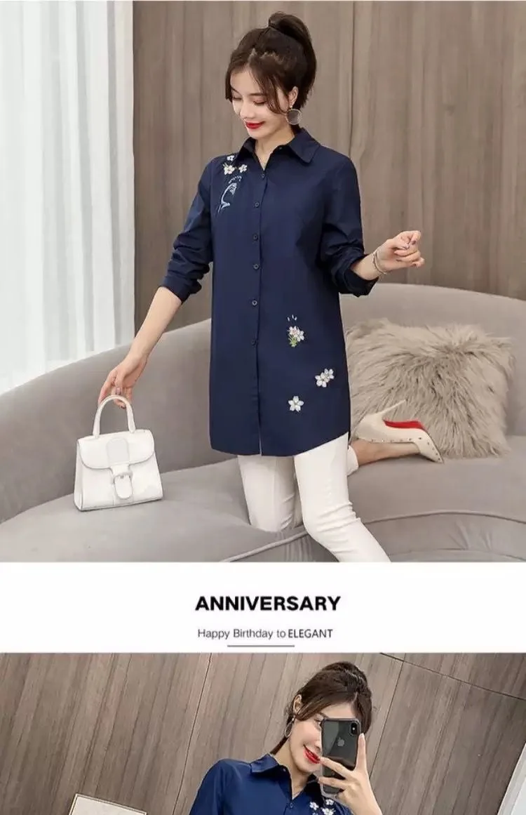 Autumn New Cotton Women Letter Embroidery White Shirts Office Lady Long Loose Casual Blouse Outwear Tops