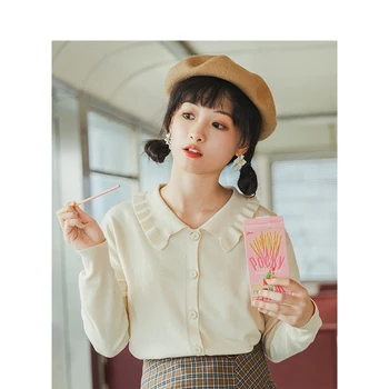 

INMAN 2020 Spring New Arrival Solid Literary Elegant Lace Turn Down Collar Loose Knitted Women Cardigan