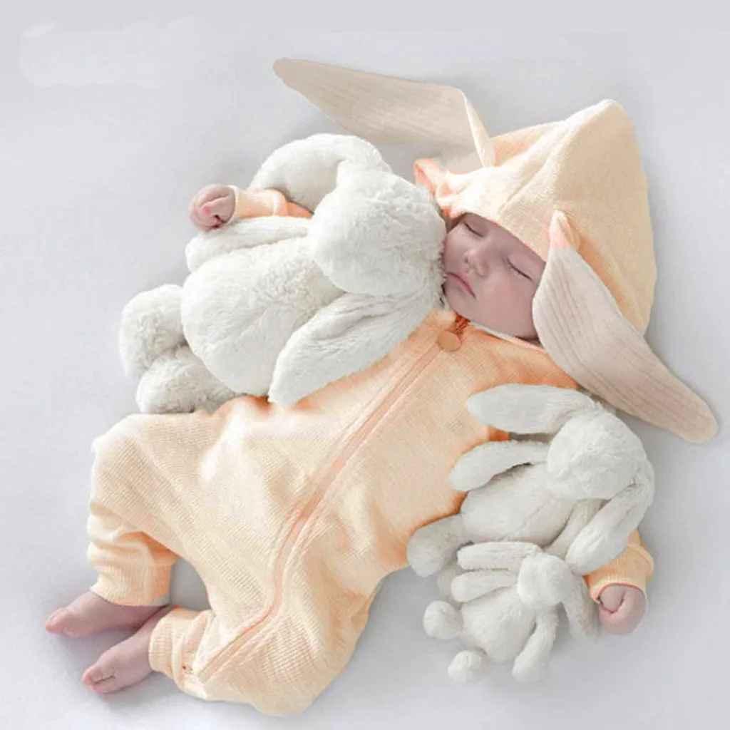 Комбинезон в виде ушей кролика для детей, однотонный комбинезон на молнии с капюшоном для маленьких мальчиков и девочек, осенне-зимняя одежда с длинными рукавами для малышей 3 мес.-18 месяцев
