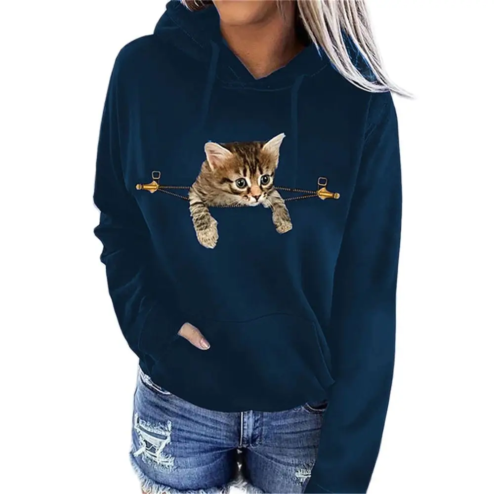 Women's Casual Tops For Autumn Winter 2021 New Long-Sleeved Cat Animal Print Sweatshirt Loose Hooded Pullover Sweater