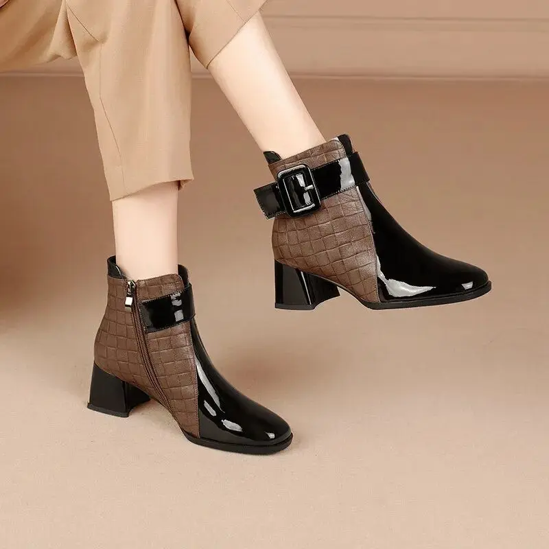 FHANCHU British Syle Women Short Boots 2021 New Patent Leather Winter Shoes Ankle Botas Pointed Toe Black Coffe Dropshipping | Обувь