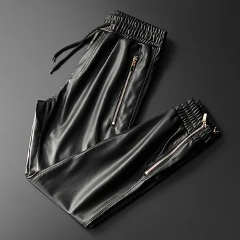 

Thoshine Brand Men Leather Pants Superior Quality Elastic Waist Jogger Pants Zipper Pockets Faux Leather Trousers Pencil Pants