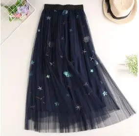 Universe Star Embroidery Women Tulle Skirt Spring Summer Mesh Long A Line Korean 2020 New High Waist Slender Star Feather tartan skirt Skirts