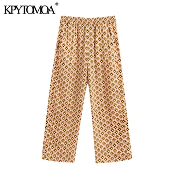 

KPYTOMOA Women 2020 Chic Fashion Geometric Print Pants Vintage High Elastic Waist Side Pockets Female Ankle Trousers Pantalones