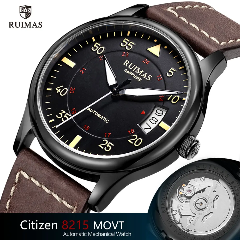

RUIMAS Luxury Automatic Mechanical Watches Men Leather Strap Luminous Wristwatch Man Military Sport Waterproof Watch Man Watch