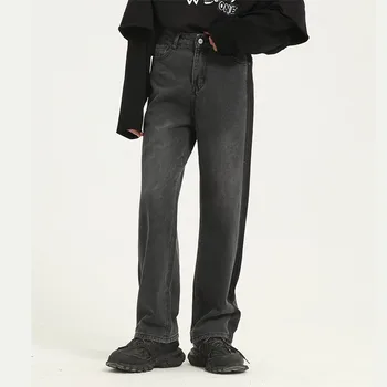 

Male Women Streetwear Vintage Fashion Denim Trousers Men Washed Side Stripes Casual Straight Jeans Pant Couple Pants