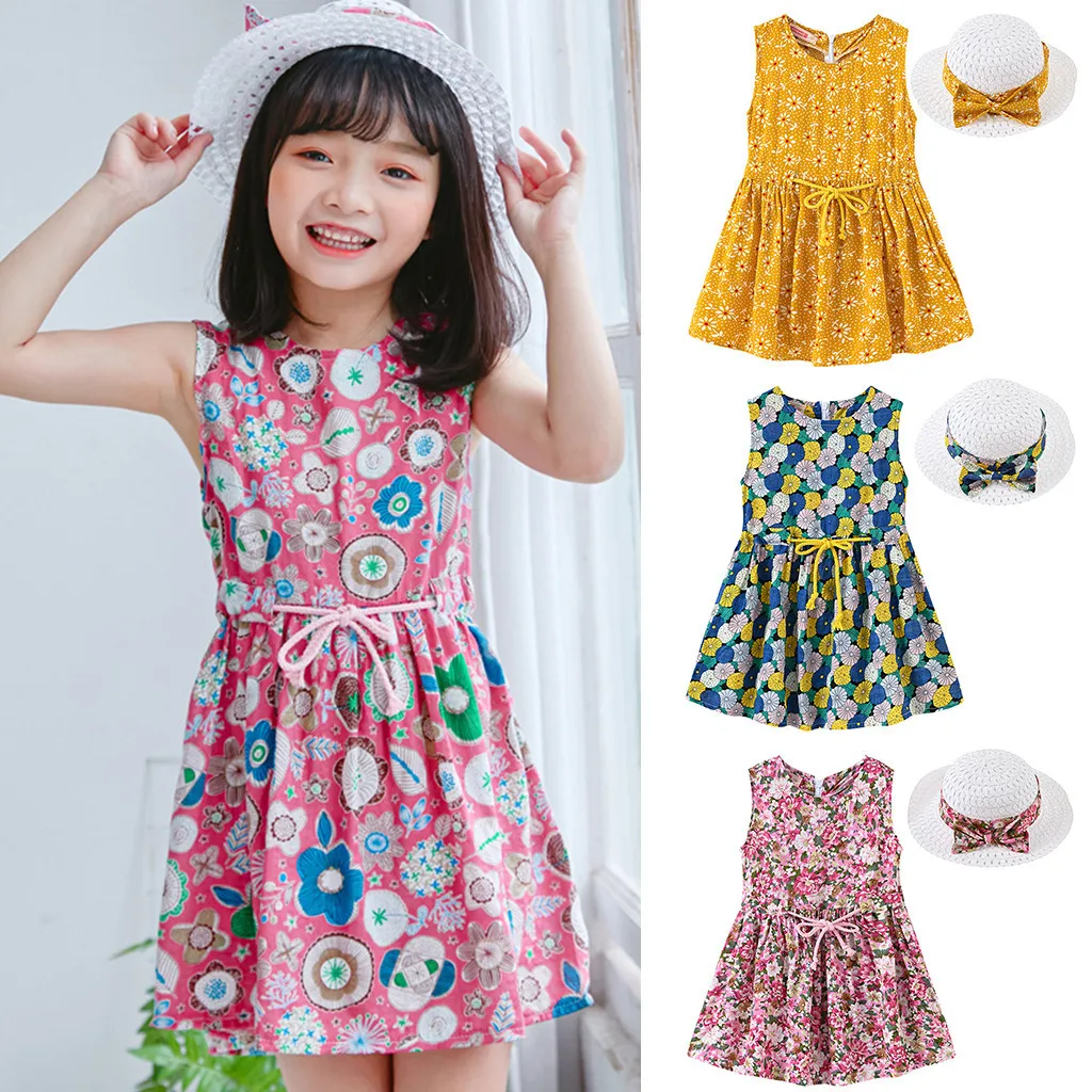 Toddler Baby Kids girls dress Floral Flowers Ruched Strap Summer Princess Dress 2-7 Years old children clothes summer #B