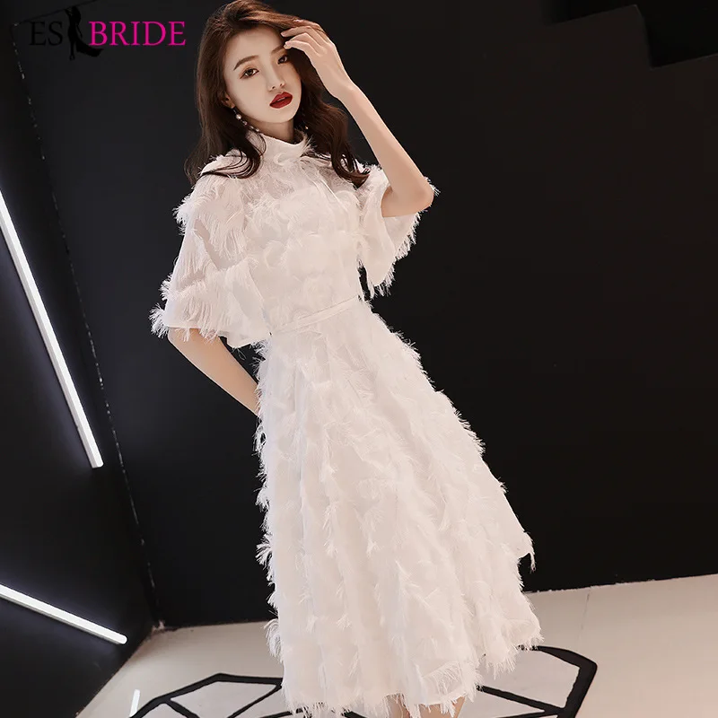 

Elegant Prom Dresses Long ES30371 White High-Neck Short Sleeve Empire Lace Vintage Evening Gowns Women Vestidos de Gala 2019