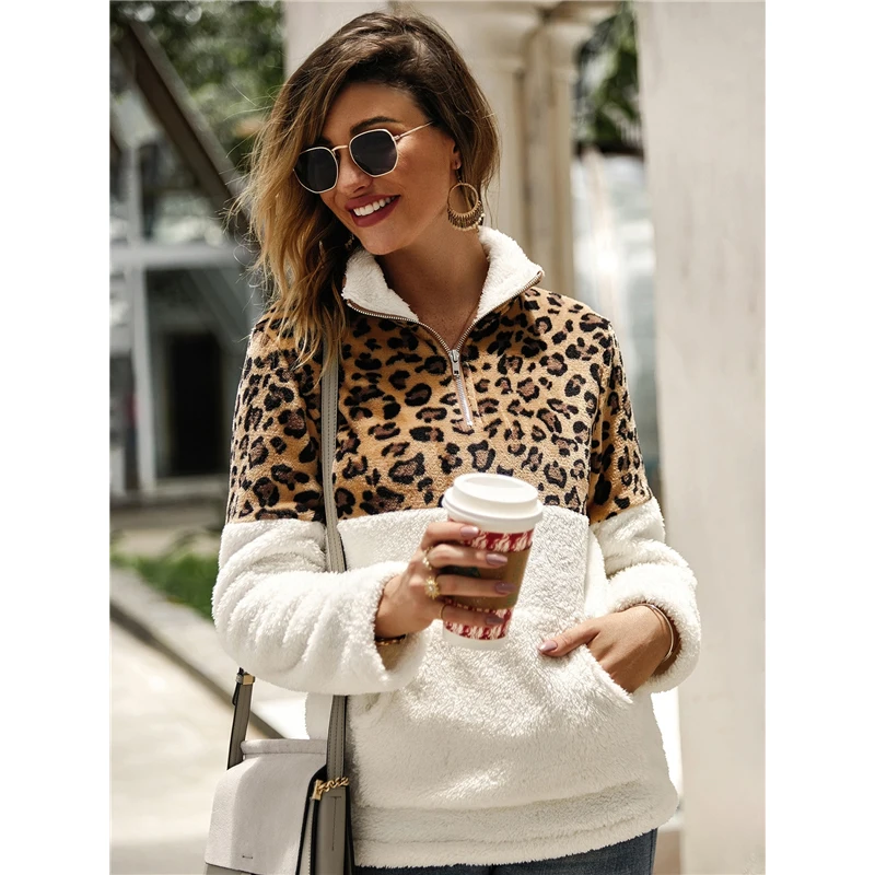 Dotfashion, Повседневная Женская толстовка с леопардовым принтом на молнии спереди,, зимние Лоскутные толстовки, Женская толстовка с плюшевой подкладкой