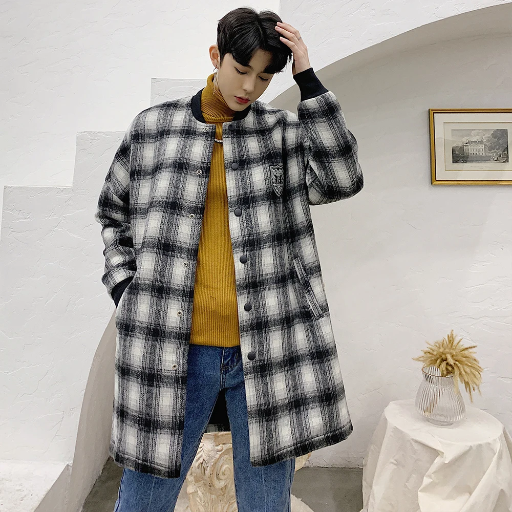 

Designer Lattice Man Baseball Take The Tide Wool Overcoat 2020 Autumn Men's Cashmere Long Coats Belt Woolen Blends