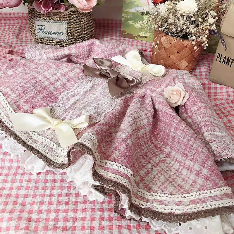 Клетчатое вязаное шерстяное платье для девочек с мелким ароматом Детские платья для девочек с длинными рукавами, винтажное кружевное розовое праздничное платье принцессы в стиле Лолиты