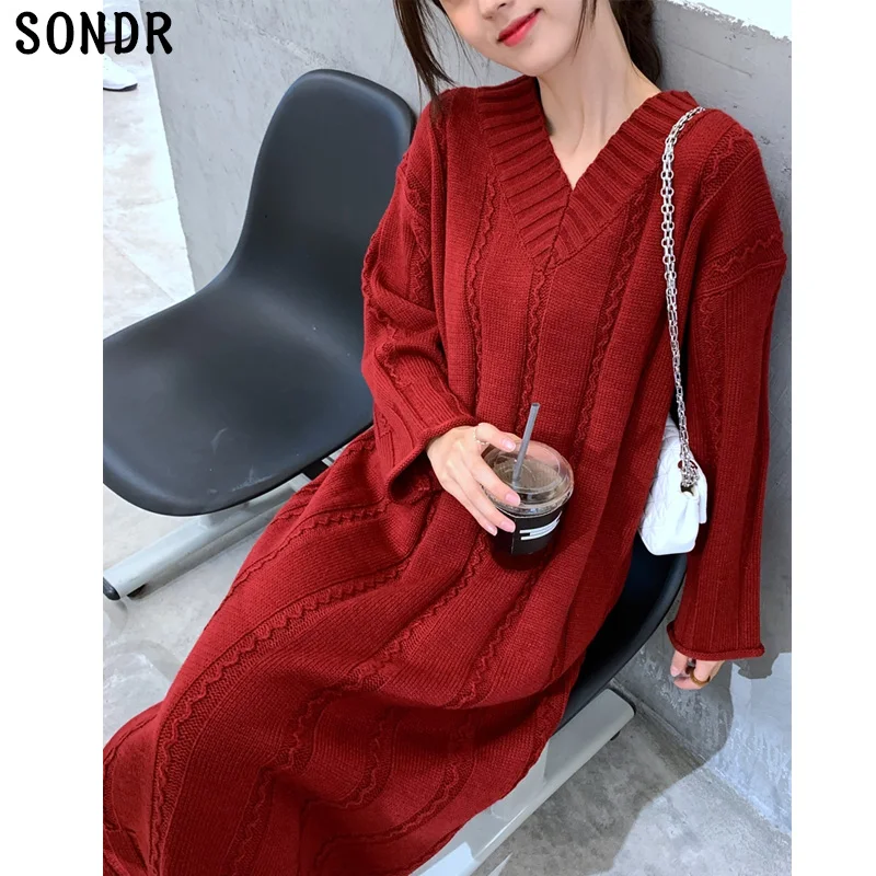 

Korean Chic Twist Pattern Sweater Dress Women One-Piece Winter Long Sleeve Knitted Dresses 2020 New Autumn Knitwear Midi Dresses
