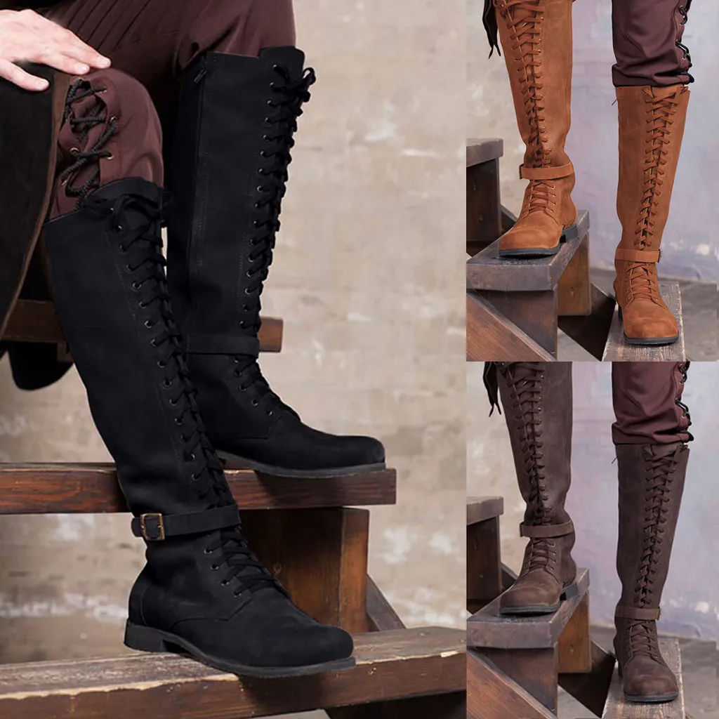 

Women Boots Ladies Fashion Retro Low-heeled Shoes Lace-UP Long Tube Knight Boots PU Leather Plus Size Female Autumn Shoes M50#