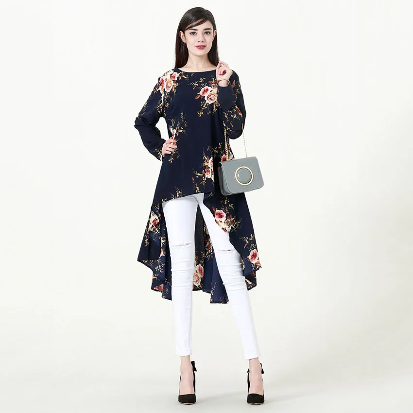 Irregular Style Muslim Tops Women Floral Islamic Dress Abaya Polyester Worship Service Ramadan Eid Mubarak Clothing Costumes - Цвет: Синий