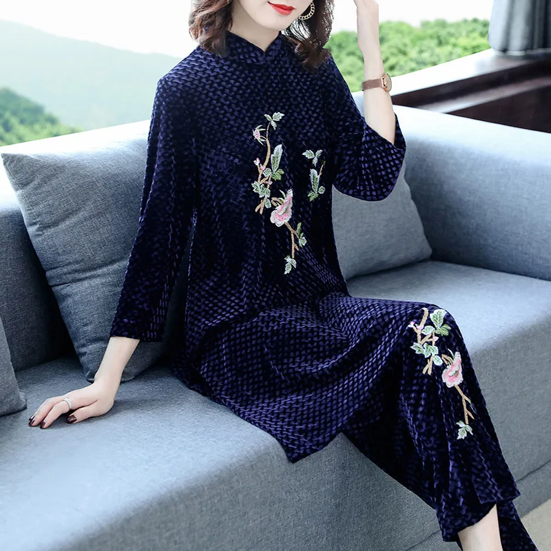 

2019 Autumn Velvet Two-Piece Women's Ethnic-Style Retro Embroidered WOMEN'S Dress Loose And Plus-sized Loose Pants Chinese Costu