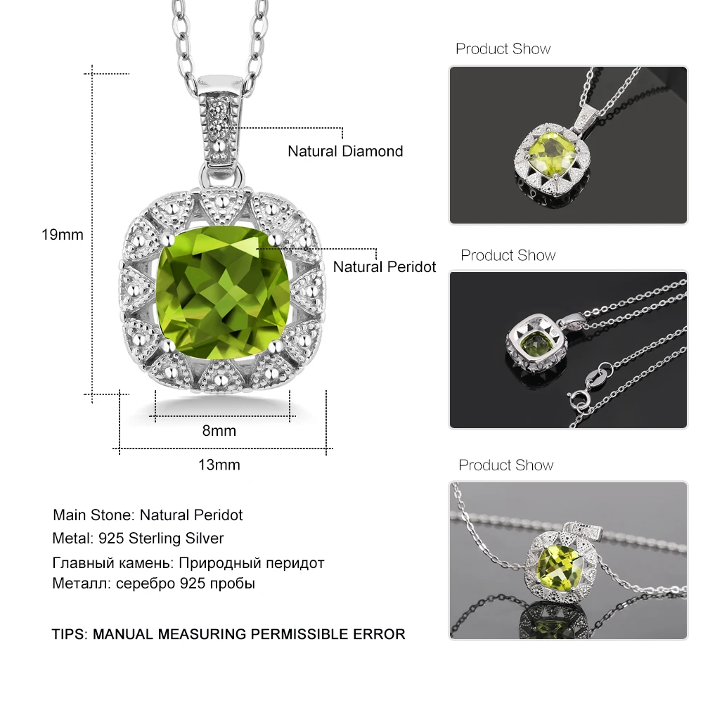 GemStoneKing 2,46 Ct подушка натуральный Зеленый Перидот белый бриллиант 925 пробы серебряный кулон ожерелье для женщин
