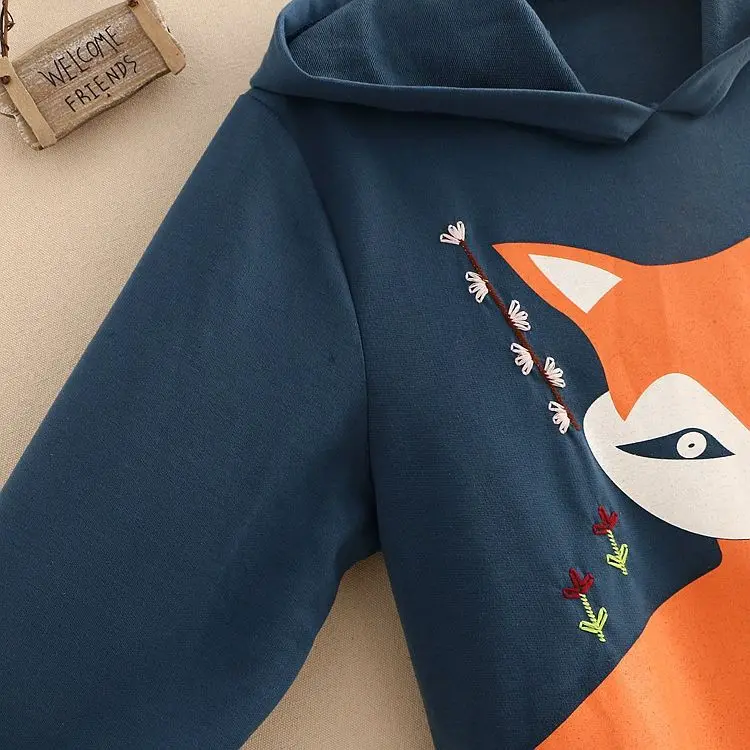 Очаровательные кофты с капюшоном, животные из мультфильмов лиса Вышивка Пуловеры в цветочек Япония Стиль Harakuku толстовка с капюшоном и длинными рукавами, Симпатичные топы, пальто с капюшоном
