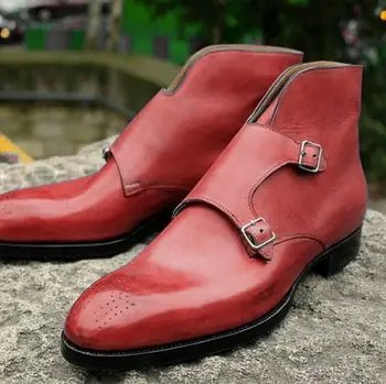 

Men Pu Leather Double Monk Buckle Strap Brogue Toe Boots Low Heel Winter High Ankle Boot Vintage Classic Male Casual Shoes TV830