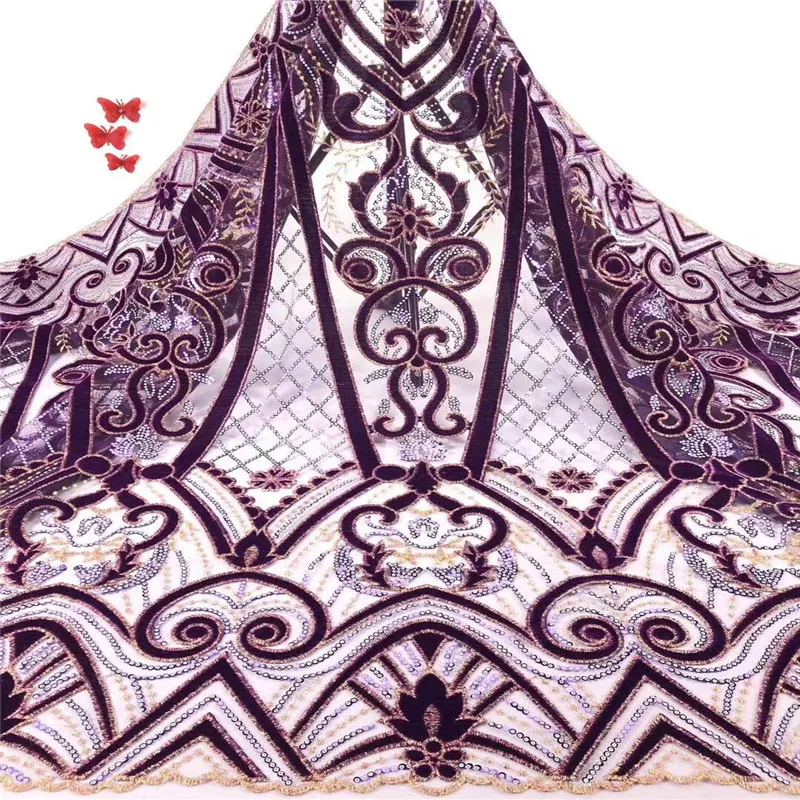

High Quality African Velvet Lace Fabric 2019 Latest French Sequins Lace Purple Sequin Fabric for Evening Dress