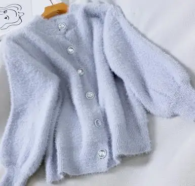 WHITNEY WANG Autumn Winter Fashion Streetwear Diamonds Buttons Mohair Cardigan Women Sweater Jumper sueter mujer invierno - Цвет: light blue
