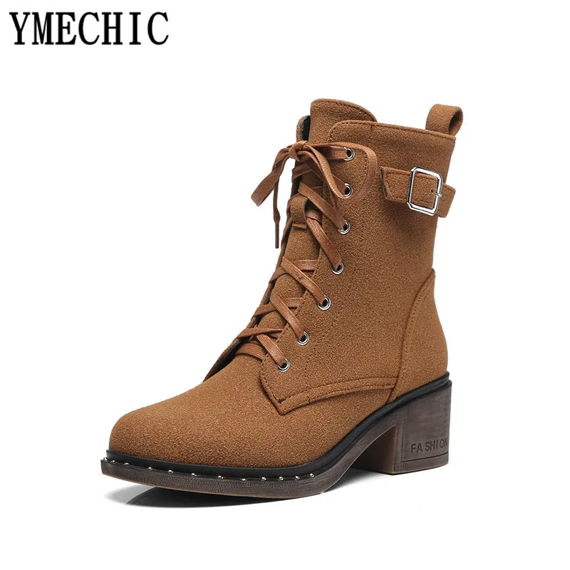 Ботильоны YMECHIC коричневые зеленые черные на шнуровке высоком блочном каблуке