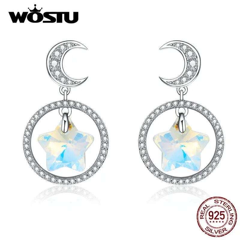 

WOSTU Authentic 100% 915 Sterling Silver Colorful Moon Pentagram Earrings 2019 New Hot Sale Drop Earrings For Women CQE717