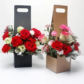 

3pcs Flower Basket Paper Carton Portable Flowers Packing Box Waterproof Florist Fresh flower Carrier Bag(Black/Brown/Pink)